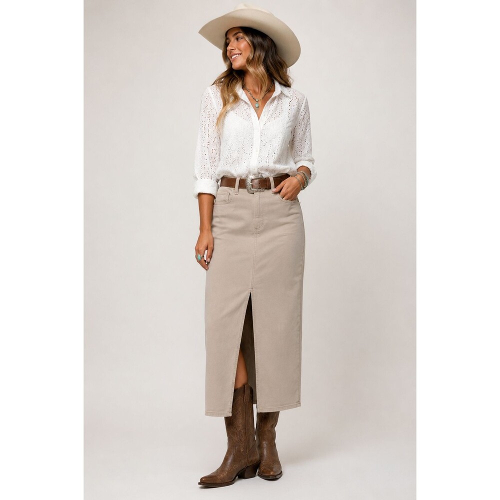 PAIGE Angela Denim Midi Skirt Soft Beige Sz 28 Front Slit Casual Coastal Cowgirl